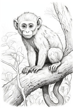 coloring page of a monkey or ape in a line art hand drawn style for kids