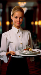 Female Waitress portrait, looking happy and ready to serve the guests in a restaurant or hotel. Concept of a career in the hotel or restaurant business. Shallow field of view with copy space.