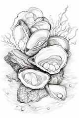 coloring page of a oyster shell in a line art hand drawn style for kids