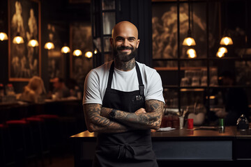 The portrait of a male chef, wearing white T-shirt and black apron, standing in a kitchen...