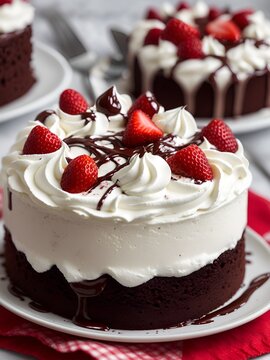 Chocolate cake topping strawberry and whipped cream.