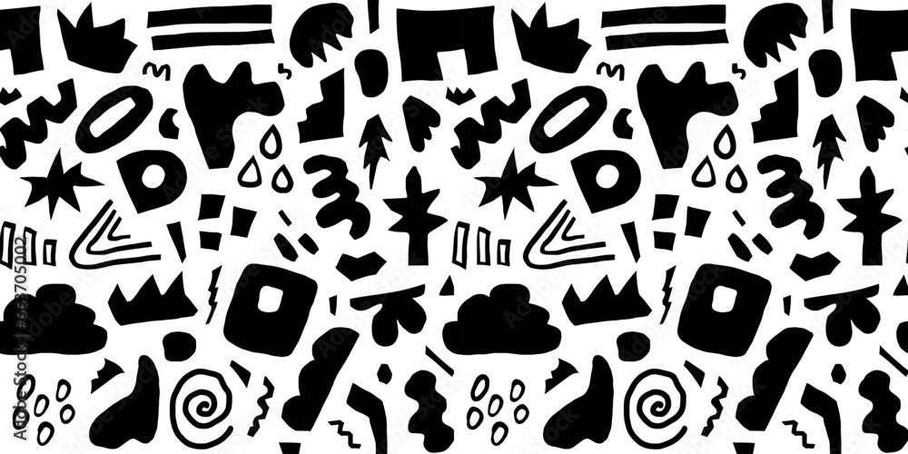Wall mural abstract black seamless pattern hand drawn various shapes, curls, forms and doodle objects. modern v