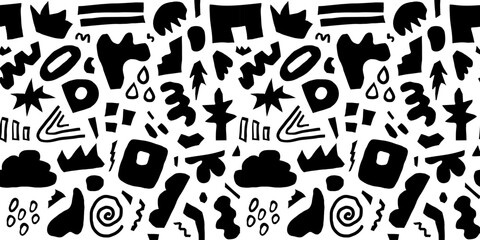 Abstract black seamless pattern hand drawn various shapes, curls, forms and doodle objects. Modern vector background
