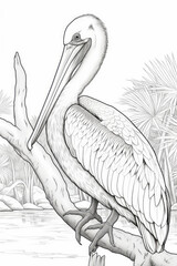 coloring page of a pelican bird in a line art hand drawn style for kids