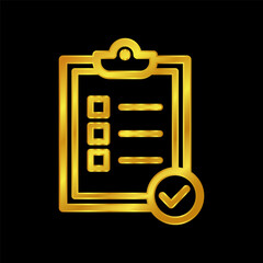 gold colored Clipboard with checklist icon. Flat illustration of clipboard with checklist icon for graphic  and web design