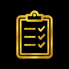gold colored Clipboard with checklist icon. Flat illustration of clipboard with checklist icon for graphic  and web design