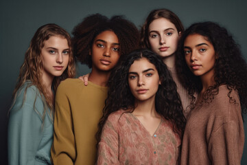 Obraz premium Photograph of several girls of different ethnicities on a gray background with different dresses.