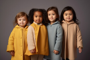 Photograph of several girls of different ethnicities on a gray background with different dresses.