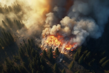 Fototapeta premium Forest fire in progress. Fire. Large flames. a threat to our environment. Aerial view of massive wildfire or forest fire with burning trees and orange smoke. Generative AI.