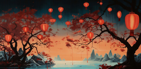 Chinese art culture asian festival asia china tree traditional red japanese japan - obrazy, fototapety, plakaty