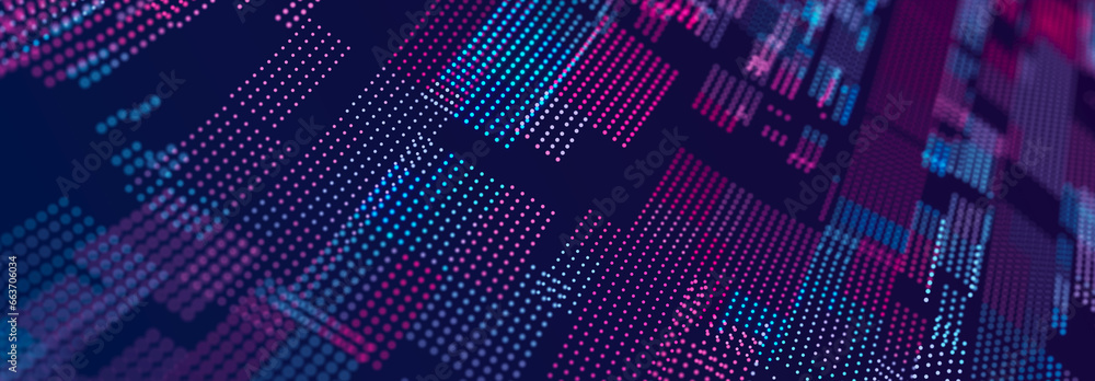 Poster abstract matrix. gradient halftone. many dots of different sizes on dark background. 3d rendering