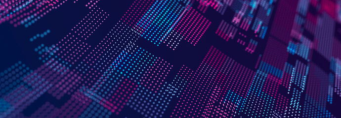 Abstract matrix. Gradient halftone. Many dots of different sizes on dark background. 3d rendering