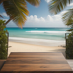 Wooden Table Top And Blur Tropical Beach Background - Concept of Holiday.