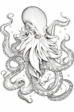 coloring page of a squid or octopus in line art hand drawn style for kids