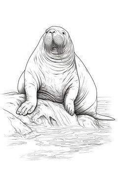 recommend clip art: coloring page of a walrus in line art hand drawn style for kids