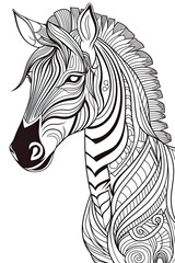Fototapeta na wymiar coloring page of a zebra horse in line art hand drawn style for kids