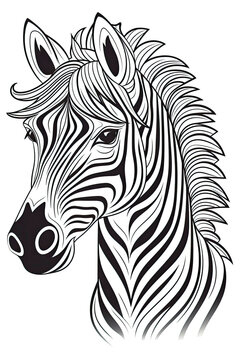 coloring page of a zebra horse in line art hand drawn style for kids