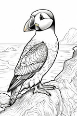 coloring page of an atlantic puffin in a line art hand drawn style for kids