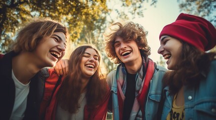 Fototapeta premium Happy group of teenagers spending time together in a group outdoors. Created with Generative Ai technology.