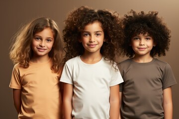 Diverse group of children on beige background - obrazy, fototapety, plakaty