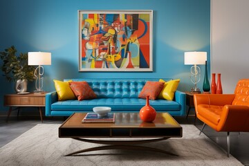 Stylish and nostalgic mid-century modern living room with sleek brown leather sofa, retro-inspired furniture, and bold pops of color. Generative AI