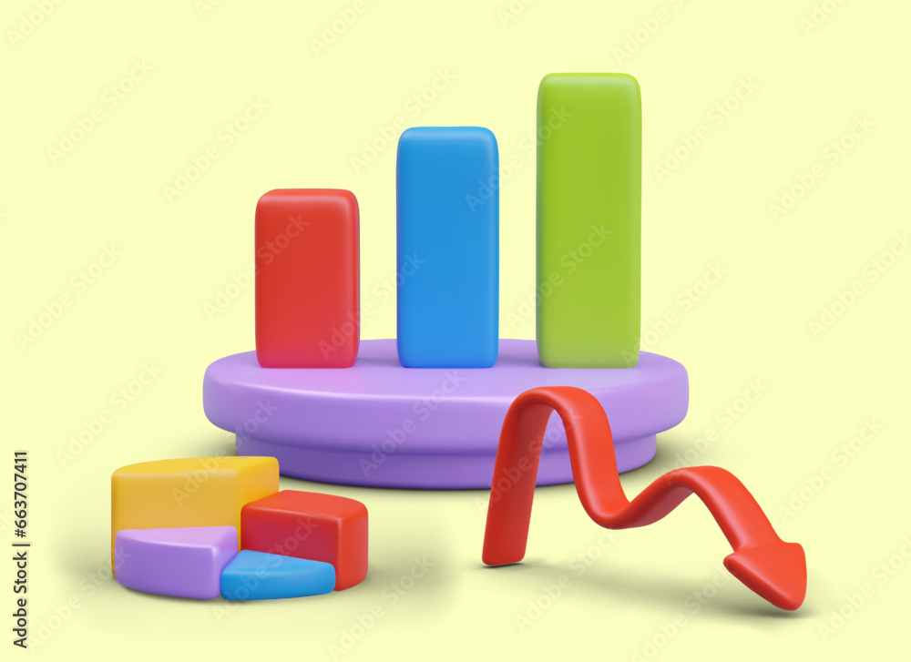 Fototapete pie chart, bar graph on podium, arrow pointing down. color vector statistics. reporting, analytics, 