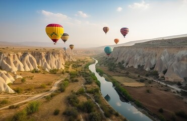 Hot air balloons flying over Cappadocia, Turkey.