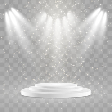 Vector 3d podium with special light effect. Empty stage or pedestal isolated on png background. Scene spotlight beams. Podium or platform for award ceremony, product presentation. Vector illustration