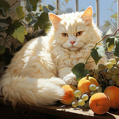 Citrus Serenity: A White Cat Amidst Oranges and Foliage