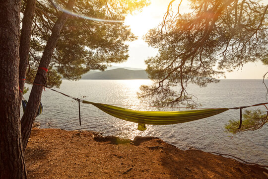 Hammock between pine trees in picturesque bay (Osor) on the island of Losinj in the Adriatic Sea, Croatia