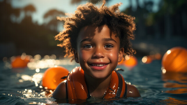 Close up of smiling African American preschool girl wearing red life vest in swimming pool