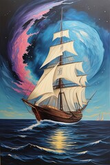 Illustration of a sailboat in the sea. Fantasy painting.
