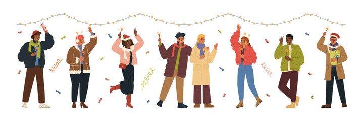 Happy people characters celebrating Christmas and New Year