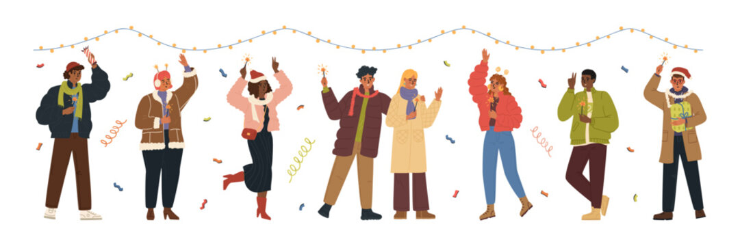 Happy people characters celebrating Christmas and New Year