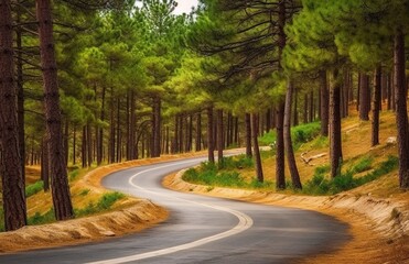Beautiful spring landscape with road in the pine forest and green grass