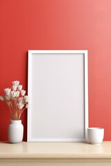 White picture frame sitting on a wooden table next to a vase of flowers. The frame is empty and has a simple, modern design. The vase is filled with a variety of colorful flowers,