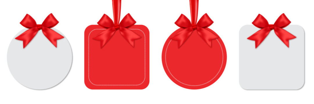 Blank hanging gift box with red bow. White bow with ribbon in circle and rectangle shape isolated on transparent background.