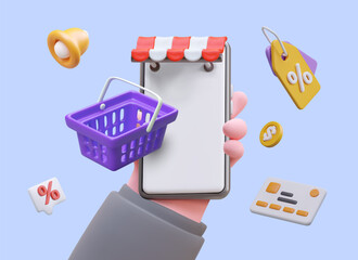 Realistic hand holding smartphone with blank screen, mockup. 3D shopping cart, bell, discount tag, credit card. Announcements about seasonal discounts, promotions, sales. Advertising online store app