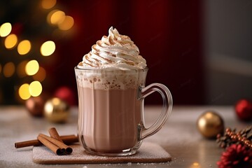 Hot chocolate with decoration on a cozy blur christmas lights background