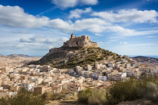 The Spanish city Sagunto in the Valencia region against a background image. Generative AI