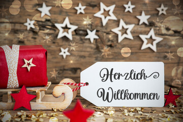 Text Herzlich Willkommen, Means Welcome, Label With Sled, Christmas