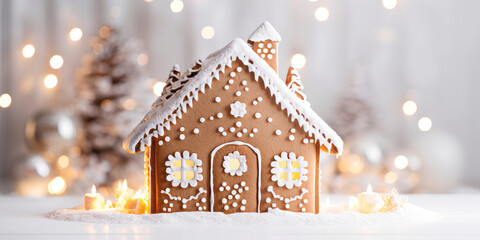 A festive christmas gingerbread house decorated with white icing - obrazy, fototapety, plakaty
