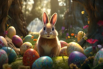 Fototapeta na wymiar A bunny surrounded by Easter eggs in a beautiful forest. Generative AI