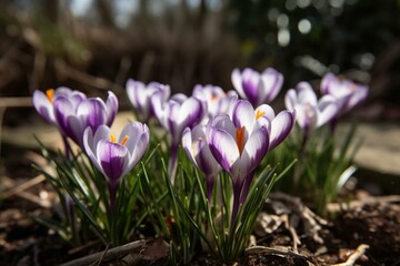 Close-up of partially closed crocuses in a sunny garden on a winter day. Generative AI