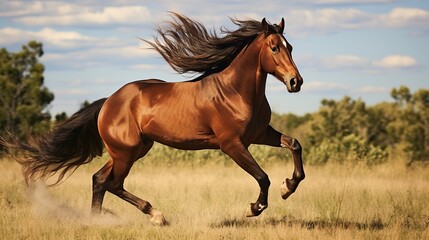 Horses running in the meadow . Horse with long mane run gallop,