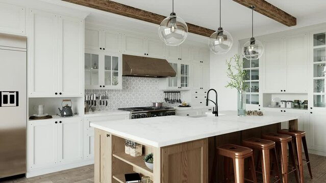 Traditional large L-shaped kitchen with large island and kitchen appliances. 