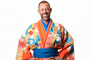 Japanese man in kimono with his hands on his hips smiling