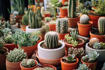 Lots of bright miniature succulent plants and cacti in the collection