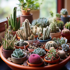 bright multi-colored miniature succulent plants and cacti in the collection