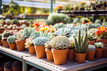 blooming bright colorful succulent plants and cacti on display - obrazy, fototapety, plakaty